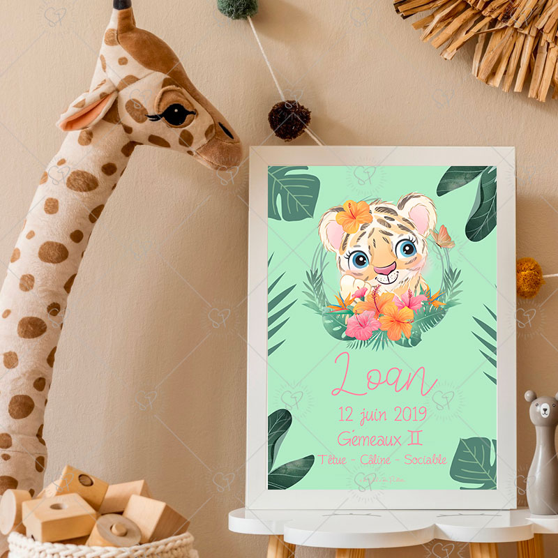 Décorez la chambre de votre enfant avec cette affiche prénom personnalisable tropicale & florale et ses jolis animaux de la jungle. Plusieurs animaux de la jungle au choix.