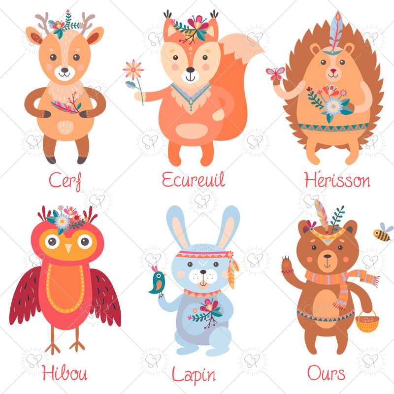 un cerf, un écureuil, un hérisson, une chouette, un lapin, un ours, plusieurs animaux de la forêt sont disponibles