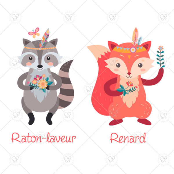 Pour personnaliser votre affiche prénom, plusieurs animaux type boho vous sont proposés tels que le renard, le raton laveur