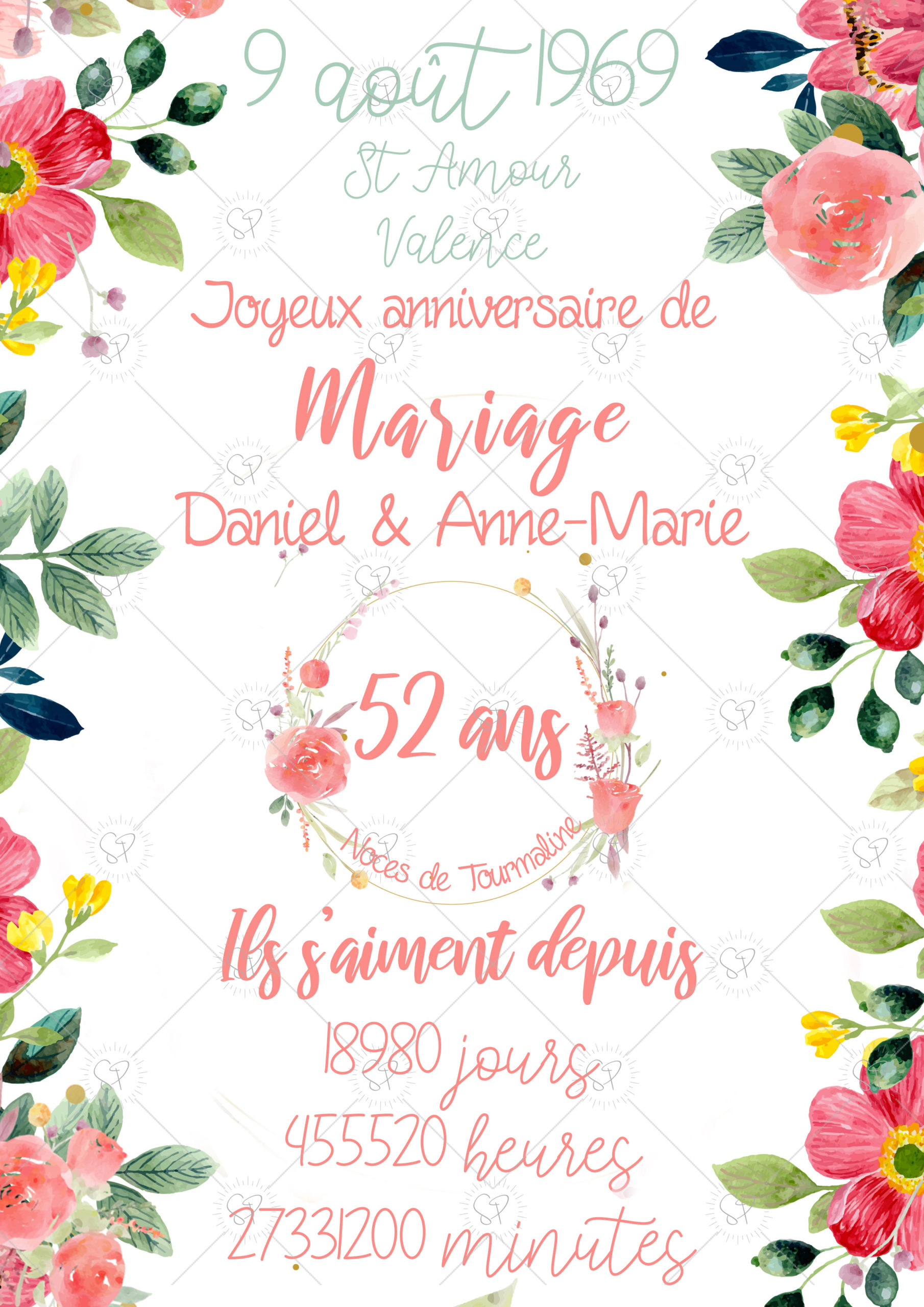 Affiche mariage avec la possibilité d'afficher le nombre de jours, heures et minutes