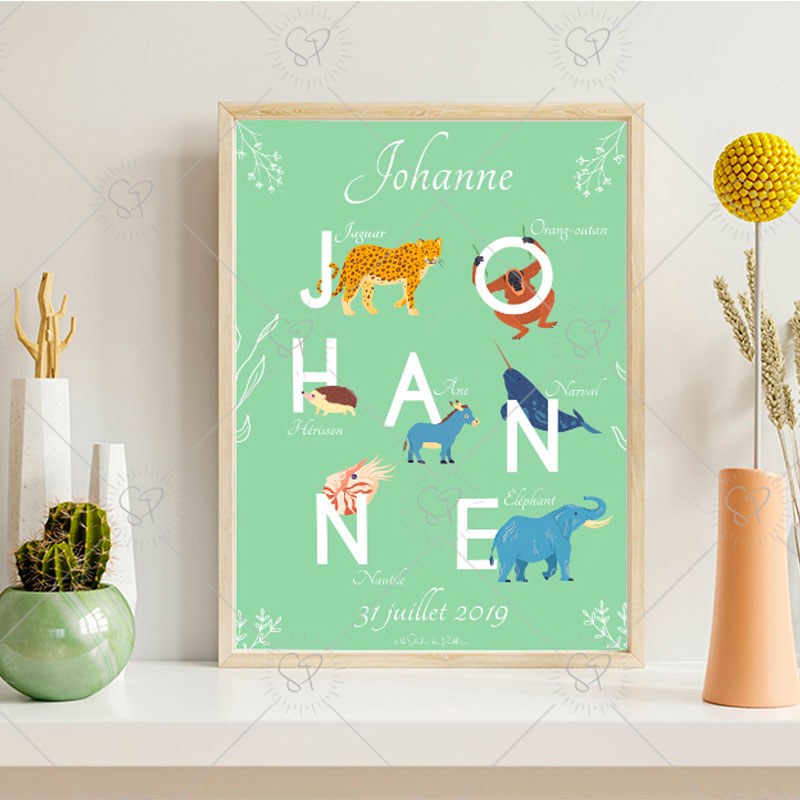 Affiche prénom alphabet animaux personnalisée - Du Soleil et des