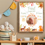 Immortalisez la naissance de votre enfant avec cette affiche personnalisable sur le thème des animaux de l'automne. Un joli souvenir à afficher dans sa chambre ou à offrir.