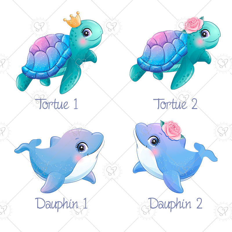 Plusieurs animaux marins au choix tels que tortue, dauphin