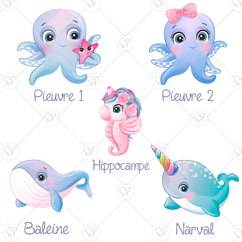 Plusieurs animaux marins au choix parmi pieuvre, hippocampe, baleine, narval