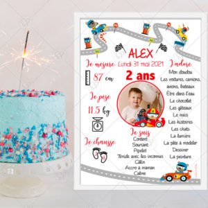 Célébrez l’anniversaire de votre petit garçon avec cette affiche personnalisable et son circuit automobile. Un joli souvenir qui retrace ses exploits, à afficher dans sa chambre.
