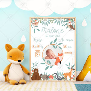 Immortalisez la naissance de votre enfant avec cette affiche personnalisable et ses adorables animaux de la forêt. Un joli souvenir à afficher dans la chambre d'une petite fille ou d'un petit garçon.