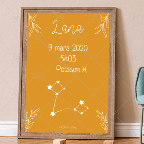 Avec la constellation de son signe astrologique, cette affiche personnalisée viendra mettre des étoiles dans la chambre de votre enfant