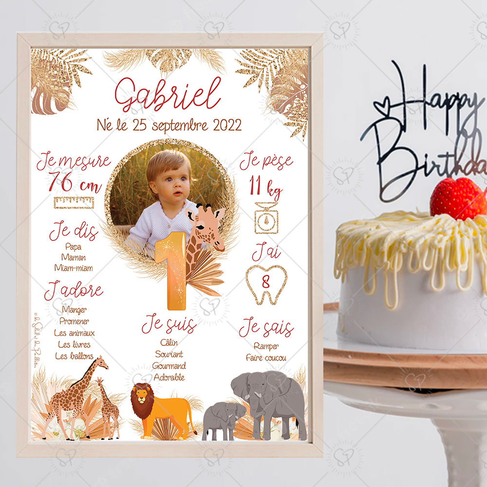 l'affiche anniversaire personnalisée girafe se décline aussi en version animaux de la savane avec un lion et des éléphants