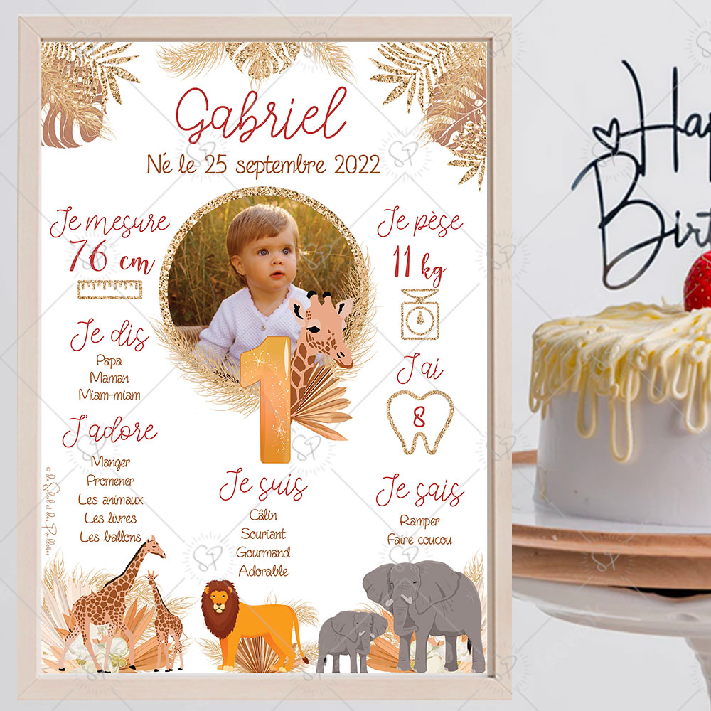 l'affiche anniversaire girafe avec le lion et les éléphants est une affiche sauvage, aux couleurs chaudes, avec des feuilles de palmiers dorées, pour compléter votre déco pour la fête,