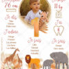 L'affiche anniversaire personnalisée girafe, version lion et éléphants viendra compléter votre déco pour la fête d'anniversaire