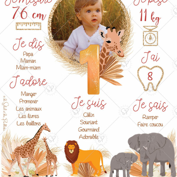 L'affiche anniversaire personnalisée girafe, version lion et éléphants viendra compléter votre déco pour la fête d'anniversaire