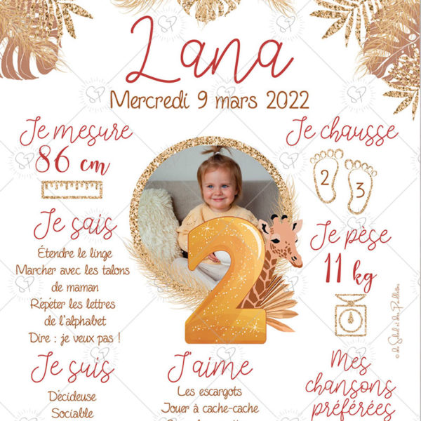 Une affiche personnalisée pour un anniversaire sur le thème des girafes et de la savane