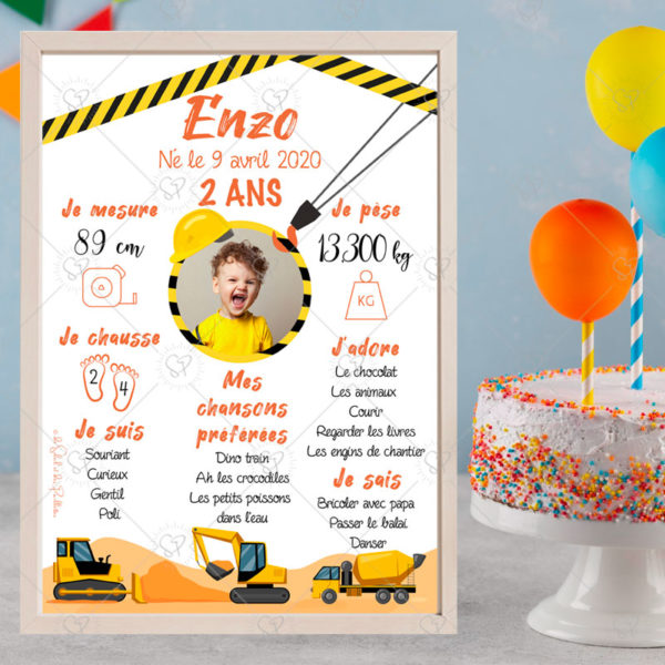 Célébrez l’anniversaire de votre enfant avec cette affiche personnalisable sur le thème des travaux. Un souvenir que vous pourrez afficher dans sa chambre.