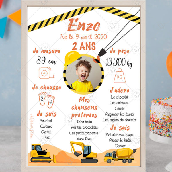 Une affiche souvenir pour célébrer les 2 ans de votre petit garçon avec ses engins préférés