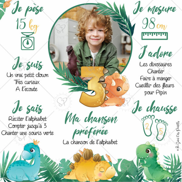 Détail de l’affiche anniversaire dinosaure personnalisée avec prénom, âge et informations clés de l’enfant, illustrée sur le thème des dinosaures.