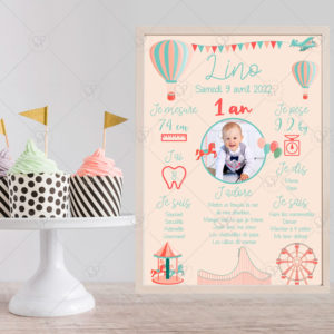 Célébrez l’anniversaire de votre enfant avec cette affiche personnalisable aux couleurs pastel sur le thème de la fête foraine. Un joli souvenir qui retrace ses exploits !
