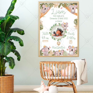 Immortalisez la naissance de votre enfant avec cette affiche personnalisable et ses adorables bébés koalas. Un joli souvenir à afficher dans sa chambre mais qui peut aussi faire office de faire-part.