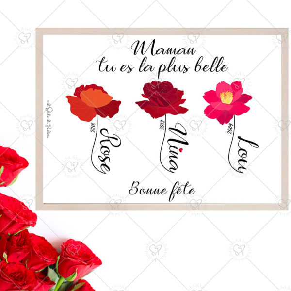 Avec cette affiche personnalisée, vous pouvez personnaliser le message, les fleurs, les prénoms, les dates.