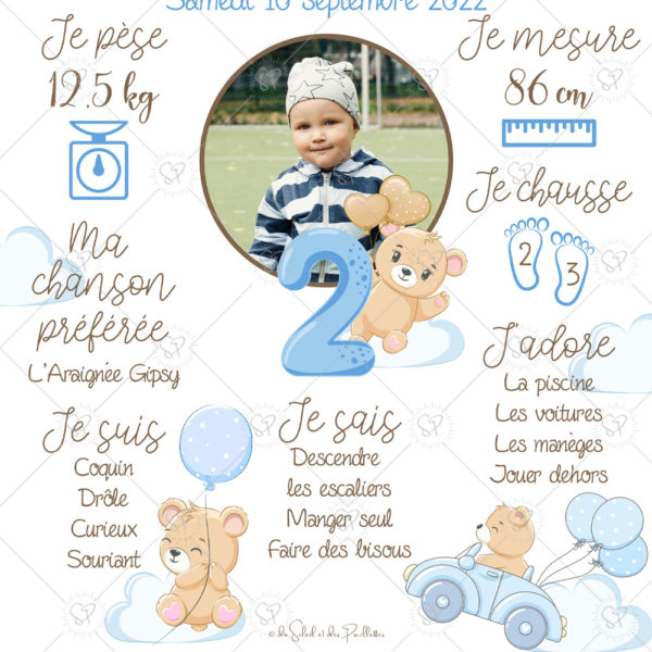 L'affiche anniversaire personnalisée nounours bleu et marron vous fera craquer avec ses adorables oursons