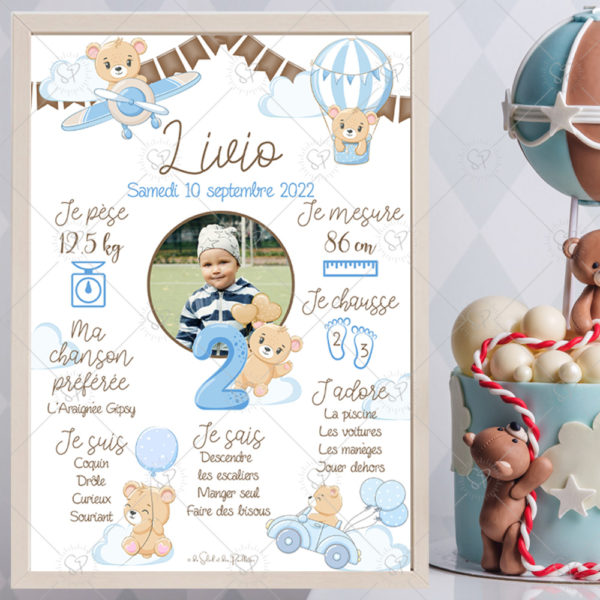 L'affiche anniversaire personnalisée nounours bleu et marron peut aussi se décliner pour une naissance