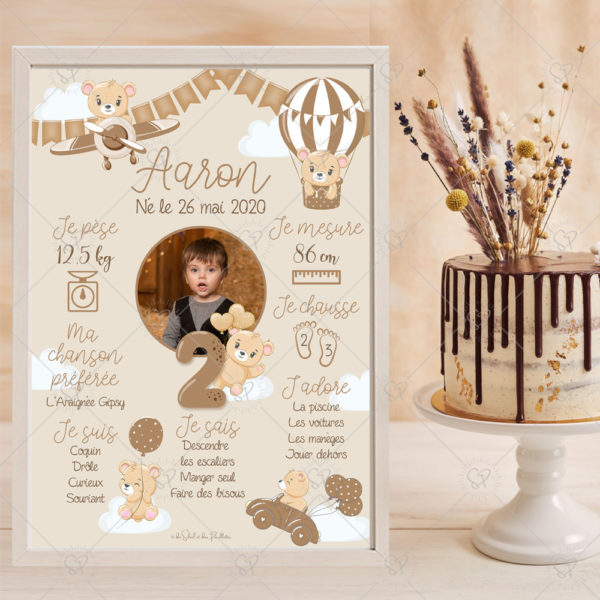 L'affiche anniversaire personnalisée nounours marron accompagnera parfaitement votre gateau au chocolat