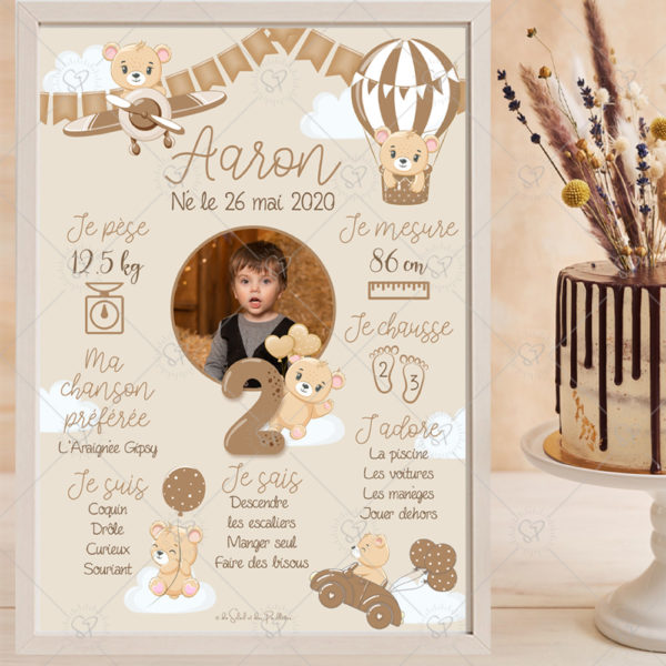 L'affiche anniversaire personnalisée nounours marron est gourmande comme le chocolat