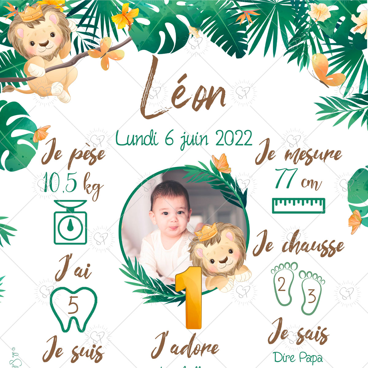 L'affiche anniversaire personnalisée Lion retrace les informations clefs de votre enfant
