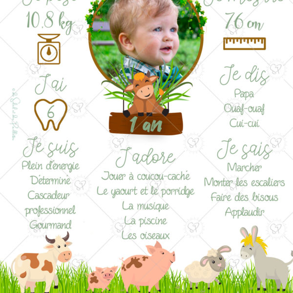 L'affiche anniversaire animaux de la ferme est personnalisable avec les informations de votre enfant