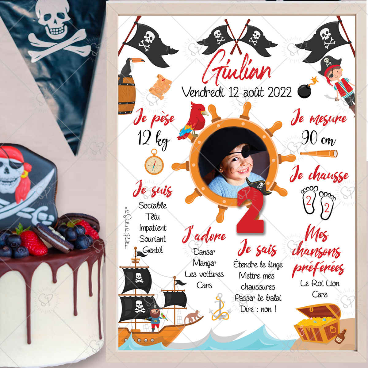 L'affiche anniversaire pirate est aussi une idée déco pour un anniversaire sur le thème Pirate, à installer à côté du gâteau