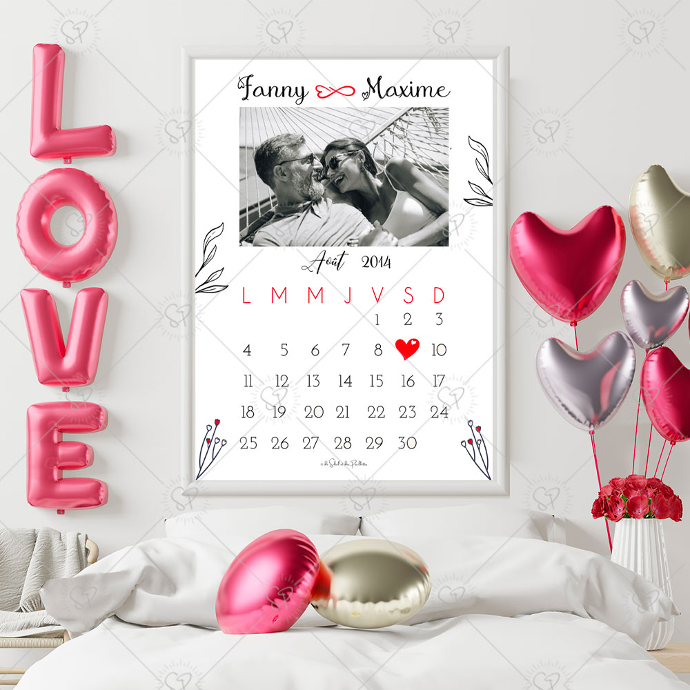 L'affiche couple date sous forme de calendrier avec photo est personnalisable