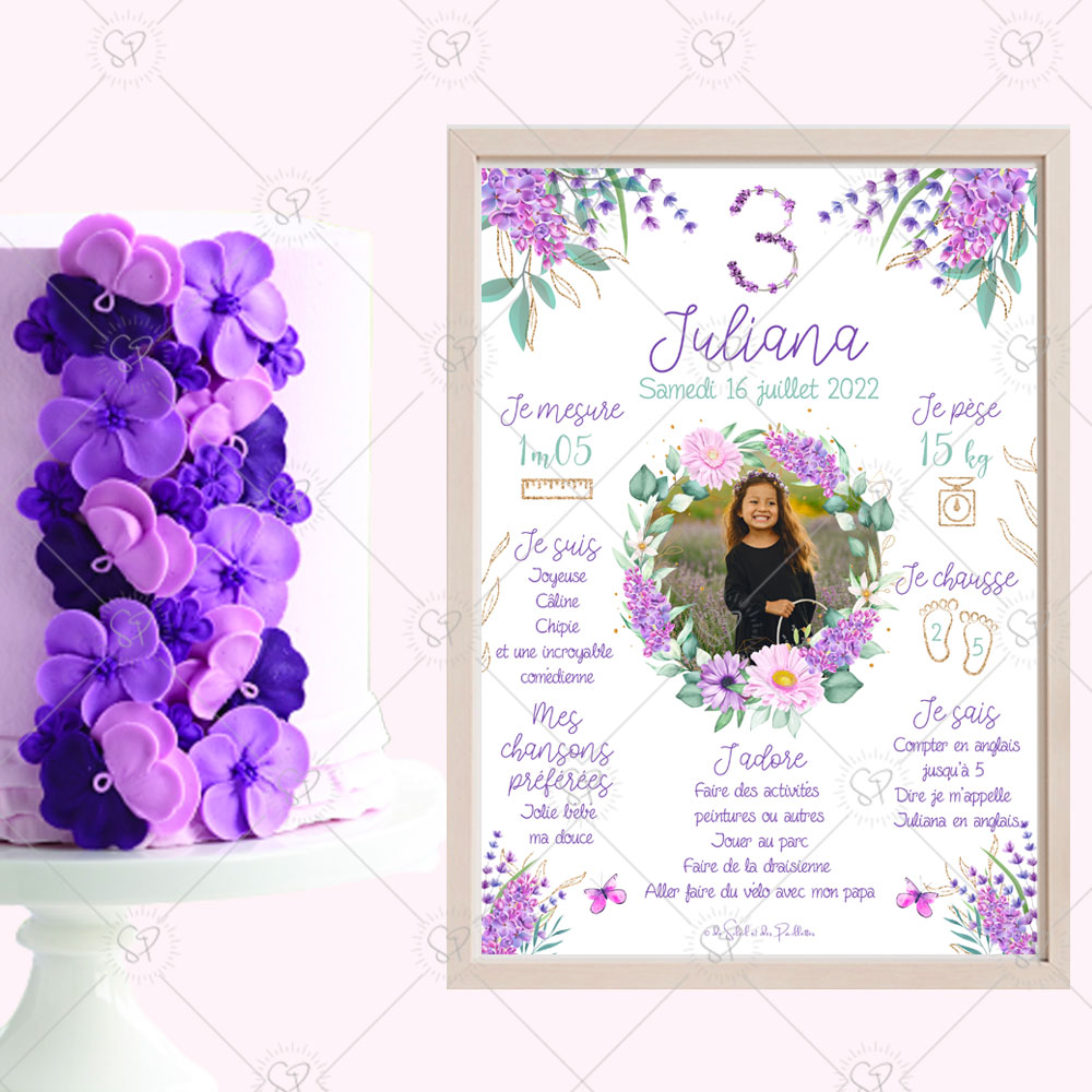 Célébrez l’anniversaire de votre enfant avec cette affiche personnalisable couleur lilas et son ambiance champêtre. Idéale pour immortaliser un anniversaire.