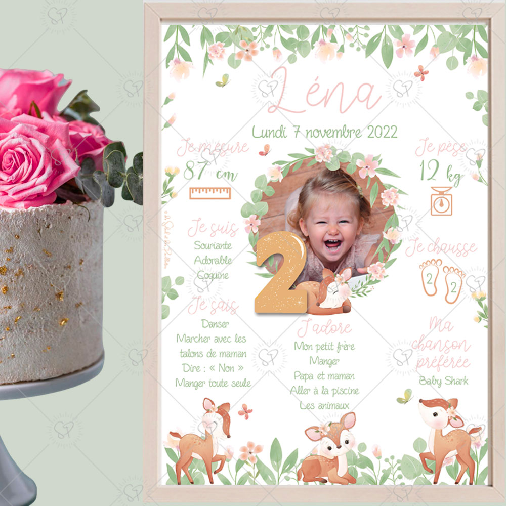 L'affiche anniversaire faon floral, sur les tons de roses, verts et orangés, fera un joli souvenir pour votre enfant, à afficher dans sa chambre !