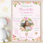 L'affiche baptême est un joli souvenir personnalisé à afficher dans une chambre ou à offrir en guise de faire-part/remerciement.