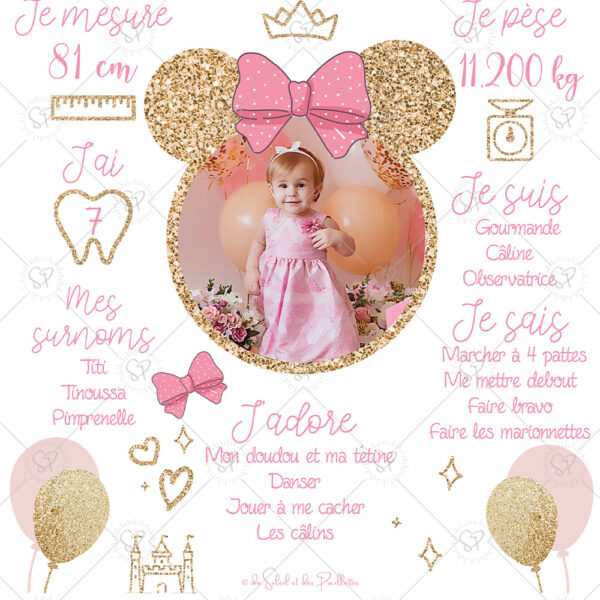 L'affiche anniversaire souris rose et doré est également une idée déco pour sa fête, à installer à côté du gâteau