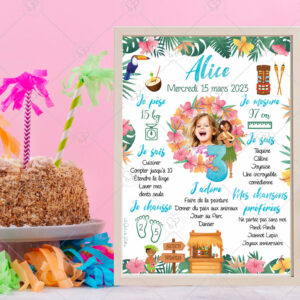 Célébrez l’anniversaire de votre enfant avec cette affiche personnalisable sur le thème d’Hawaï, ses feuilles tropicales et ses jolis hibiscus colorés.