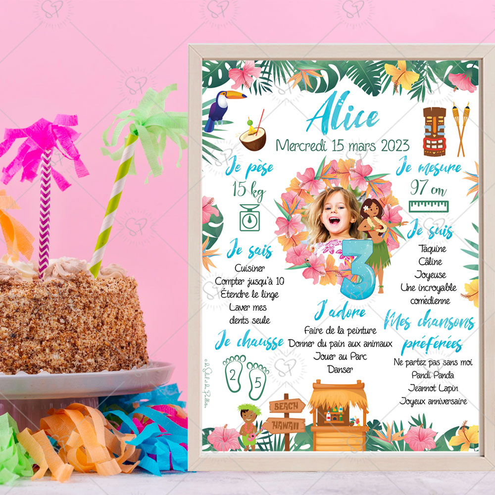 Célébrez l’anniversaire de votre enfant avec cette affiche personnalisable sur le thème d’Hawaï, ses feuilles tropicales et ses jolis hibiscus colorés.