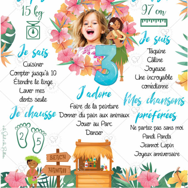 l'affiche hawaï tropicale est une petite attention à offrir à vos invités en format carte postale, en souvenir de la journée.