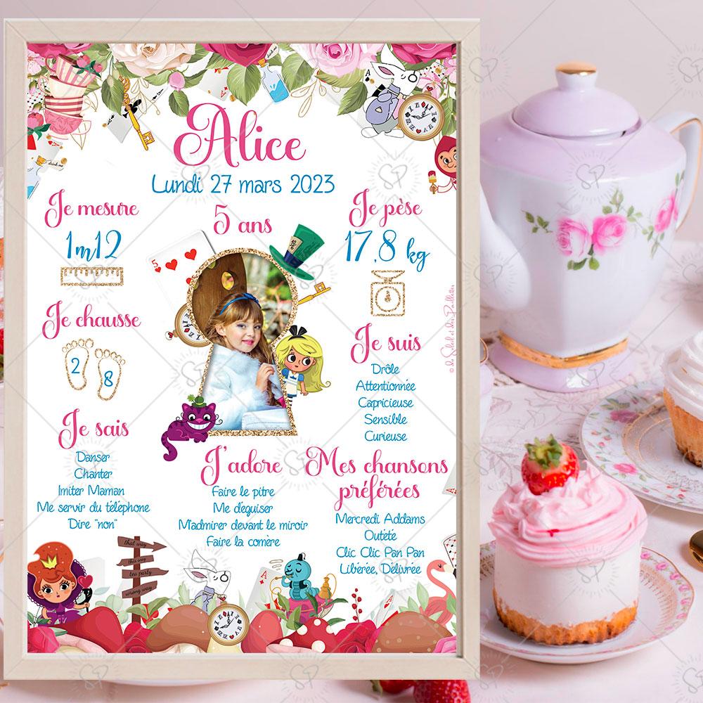 Célébrez l’anniversaire de votre enfant avec cette affiche personnalisable sur le thème d'Alice au Pays des Merveilles avec le lapin blanc, le chat du Cheshire, la Reine de Coeur et Alice.