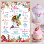 L'affiche anniversaire Alice au Pays des Merveilles est un souvenir qui retrace les exploits et les informations clefs de votre enfant