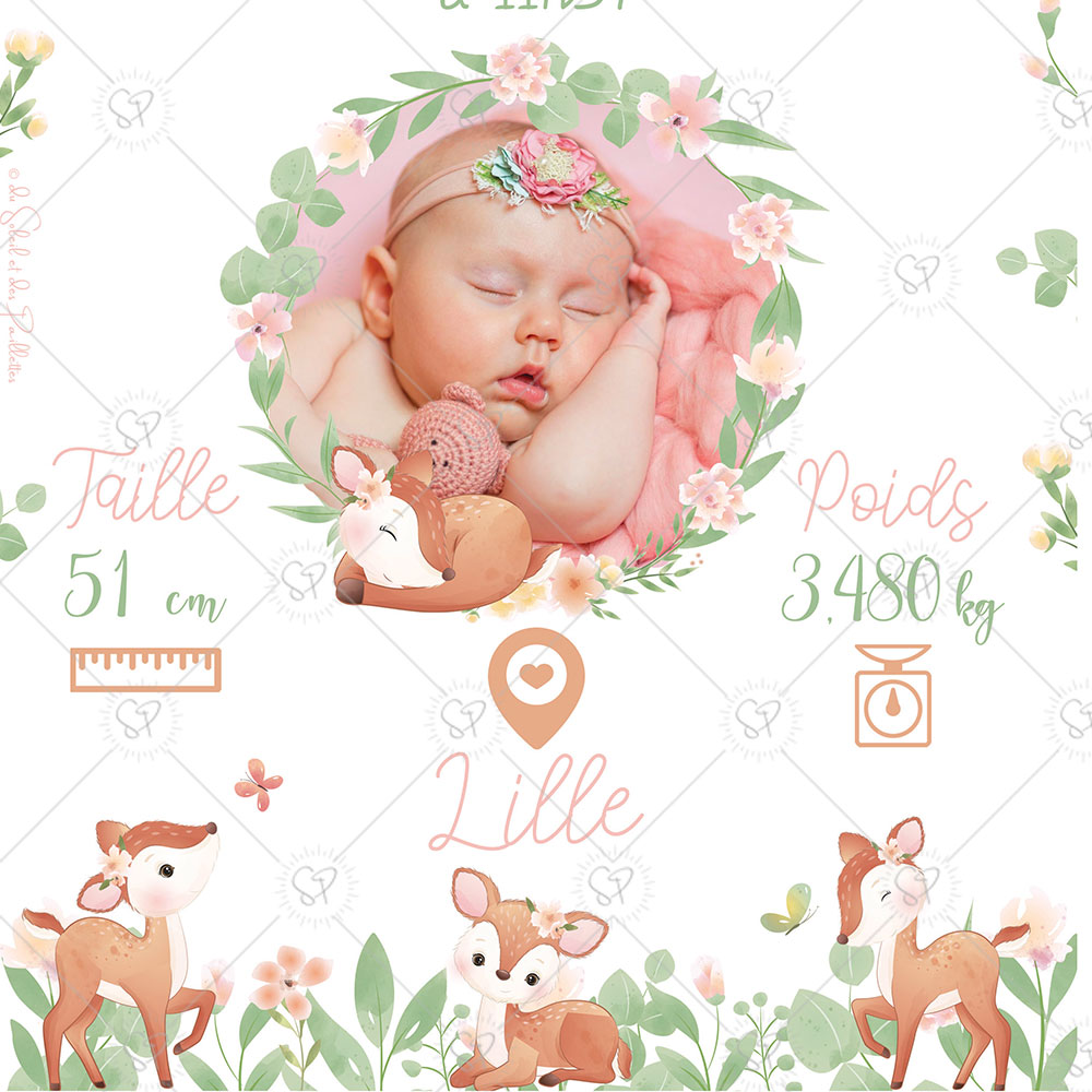 Cette affiche naissance Faon Floral peut également être un cadeau original et personnalisé à offrir pour la naissance d'un bébé