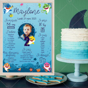 Célébrez l’anniversaire de votre enfant avec cette affiche personnalisable et sa famille requins de toute les couleurs : bébé requin, maman requin, mamie requin, papa requin et grand-père requin !