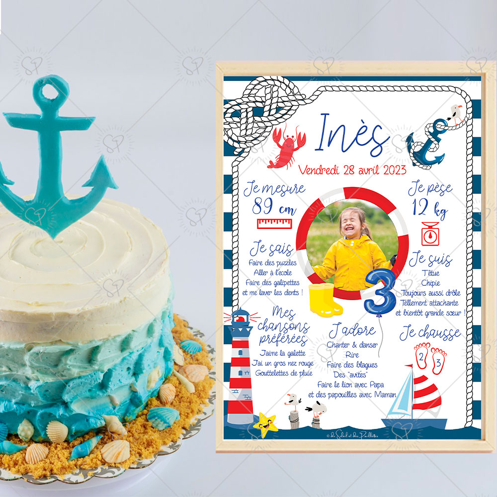 Célébrez l’anniversaire de votre enfant avec cette affiche personnalisable sur le thème marin qui viendra compléter votre déco, à accrocher dans sa chambre.