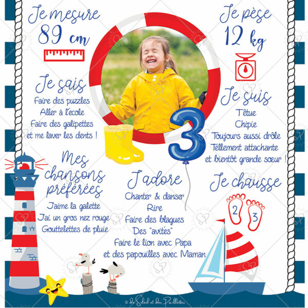 L'affiche anniversaire sur le thème marin est aussi une petite attention à offrir à vos invités en format carte postale, en souvenir de la journée.