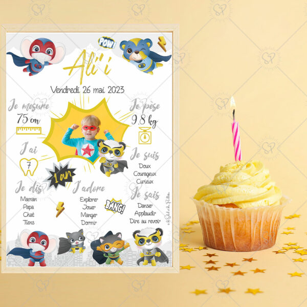 Célébrez l’anniversaire de votre enfant avec cette affiche personnalisable et ses super-héros aux couleurs jaune et gris. Plusieurs formats. Personnalisable.