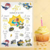 Une affiche anniversaire jaune et gris, qui vous plongera dans l’univers des super-héros et qui viendra compléter votre déco pour la fête, à installer à côté du gâteau.