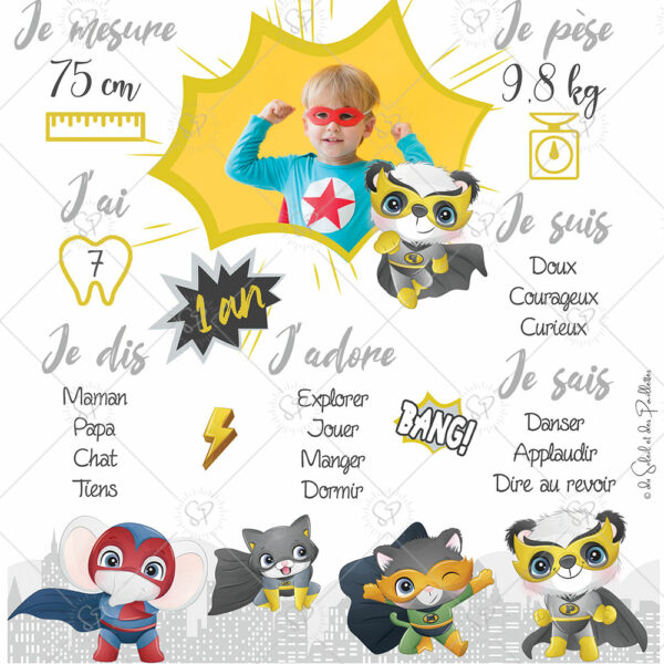 L'affiche anniversaire super héros peut aussi se décliner en carte postale : une petite attention à offrir à vos invités en souvenir de la journée.