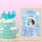 Une affiche anniversaire sur les tons de bleu, avec des petits flocons, un bonhomme de neige, un château de glace, un cerf et de jolies princesses de glace, qui viendra compléter votre déco pour la fête, à installer à côté du gâteau.