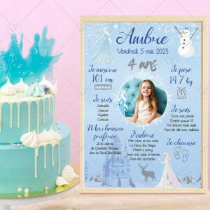 Célébrez l’anniversaire de votre enfant avec cette affiche personnalisable et ses princesses de glace.