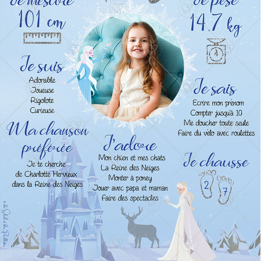 Une affiche anniversaire sur le thème des princesses qui peut aussi se décliner en format carte postale, en souvenir de la journée.