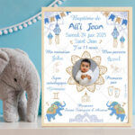 Immortalisez le baptême de votre enfant, de votre filleul(e) avec cette affiche bleu et doré et ses éléphants sur le thème de Bollywood. Un joli souvenir d'une journée unique.